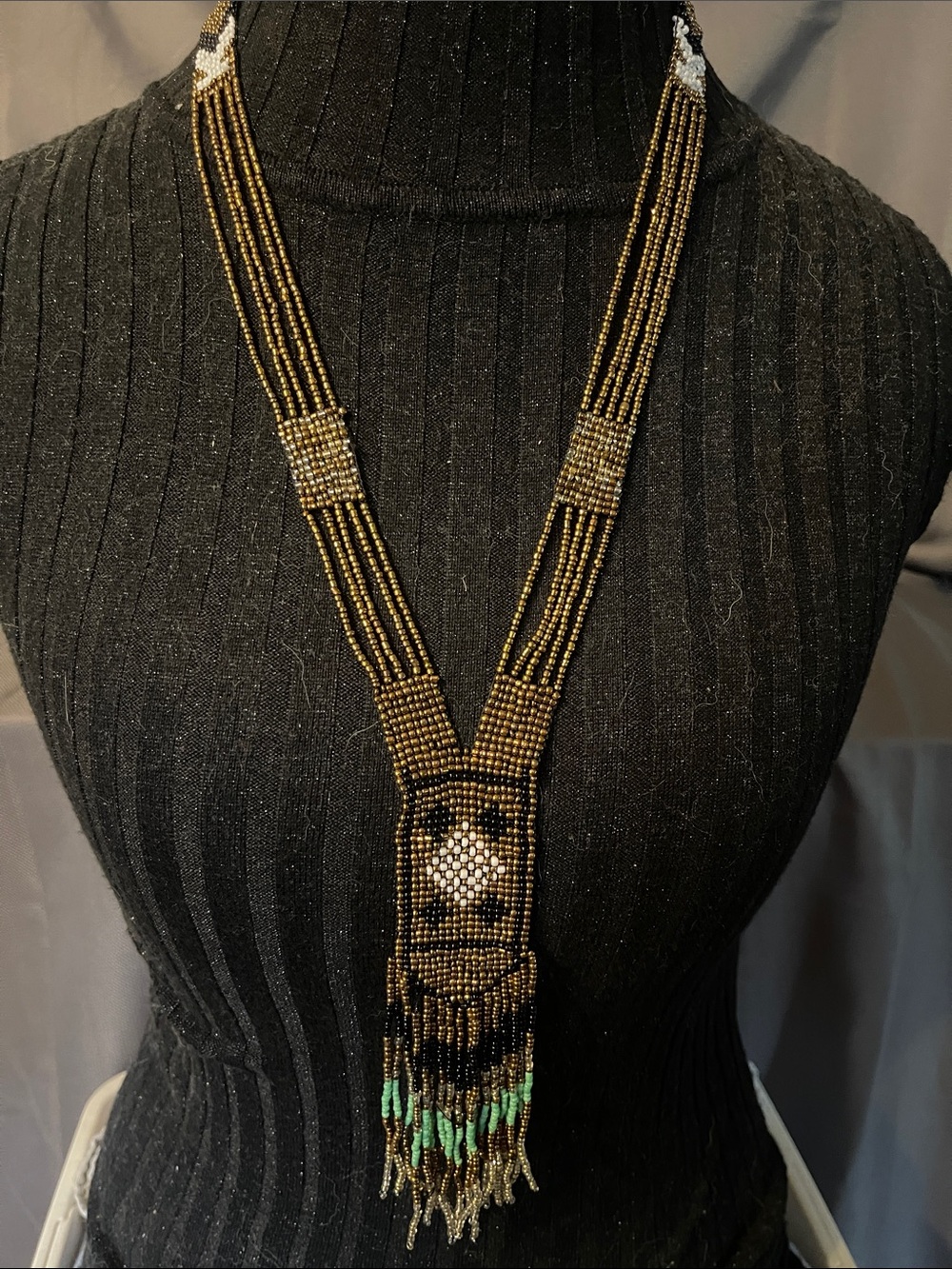 Handcrafted Beaded Fringe Necklace in Black, Gold & Turquoise